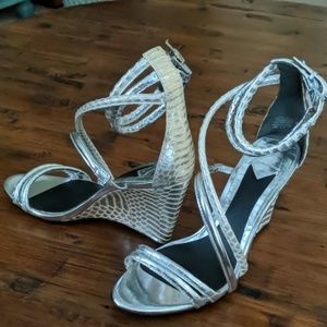 Brian Atwood Sedini Metallic Mixed-Leather Wedge